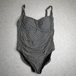 Alisha Levine Black White Diamond Print Ruched One Piece Swimsuit Size 14